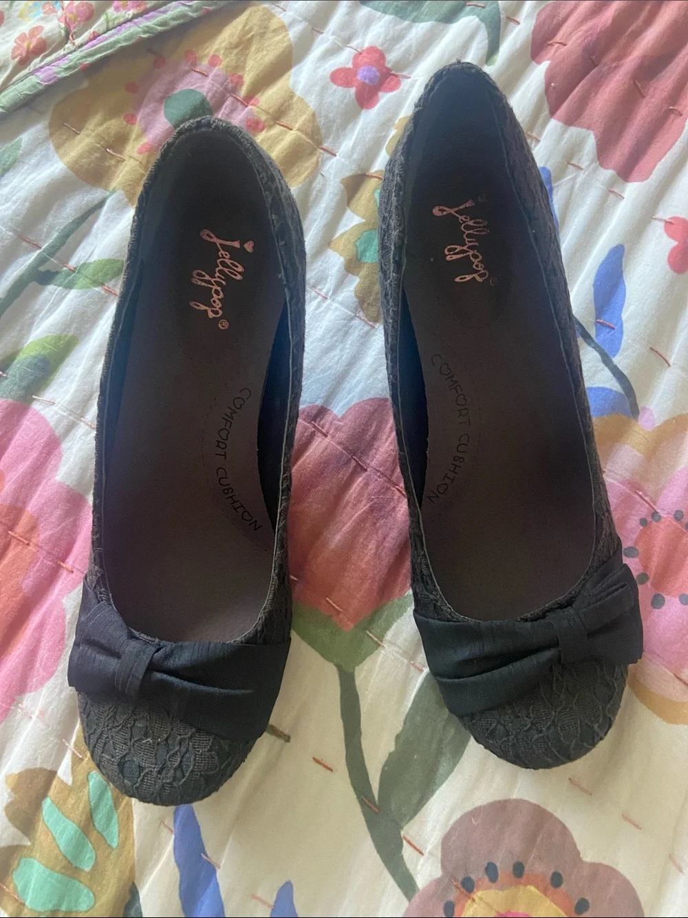 Jellypop Black Lace Retro Kitten Heel Bow Pumps 6.5